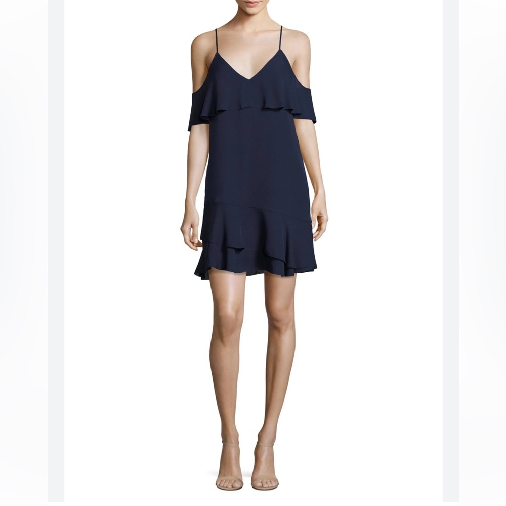 PARKER Thatcher‎ Navy Cold Shoulder Ruffled Silk Dress Size Small